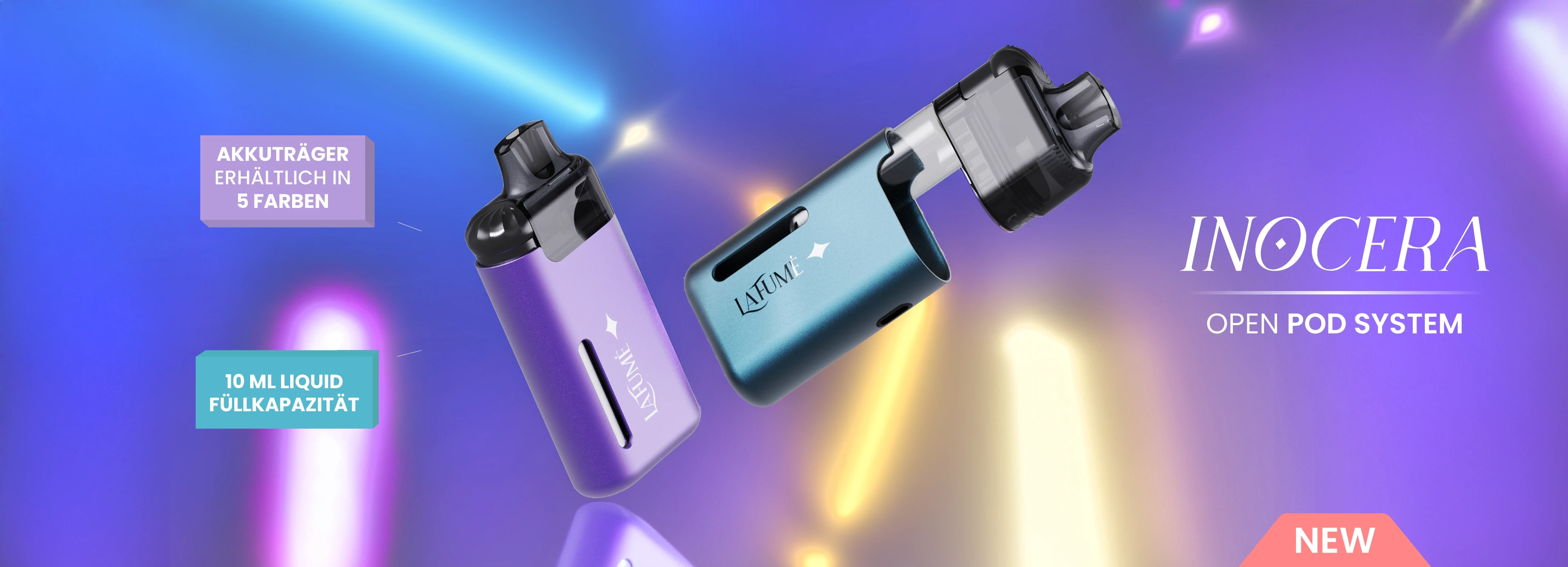La Fume Inocera Open Pod System, Akkuträger erhältlich in 5 Farben, 10 Milliliter Füllkapazität, Erhältliche Farben: Rich Violet (lila), Deep Ocean (blaugrün), Dark Knight (schwarz), Billionaire (gold)