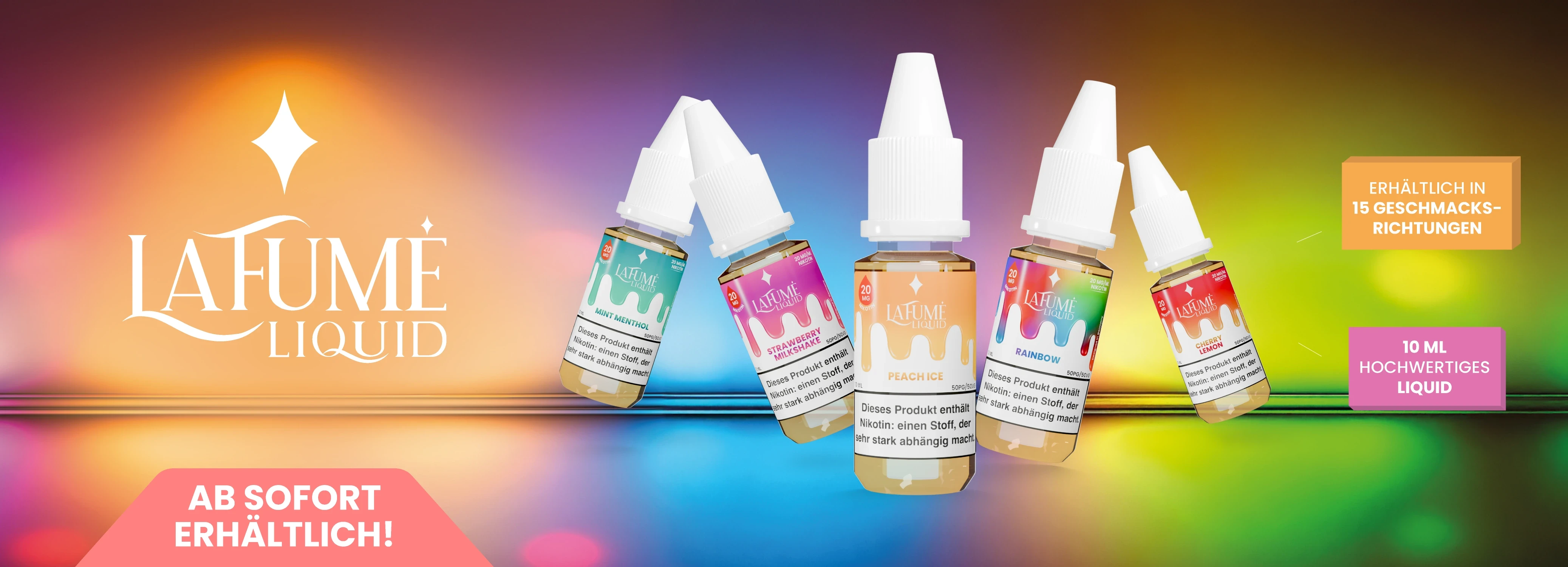 Ab sofort erhältlich: La Fume Liquids, 15 + 7 neue Geschmacksrichtungen, jetzt auch mit 10 mg/ml Nikotin, 10 ml hochwertige E-Liquids