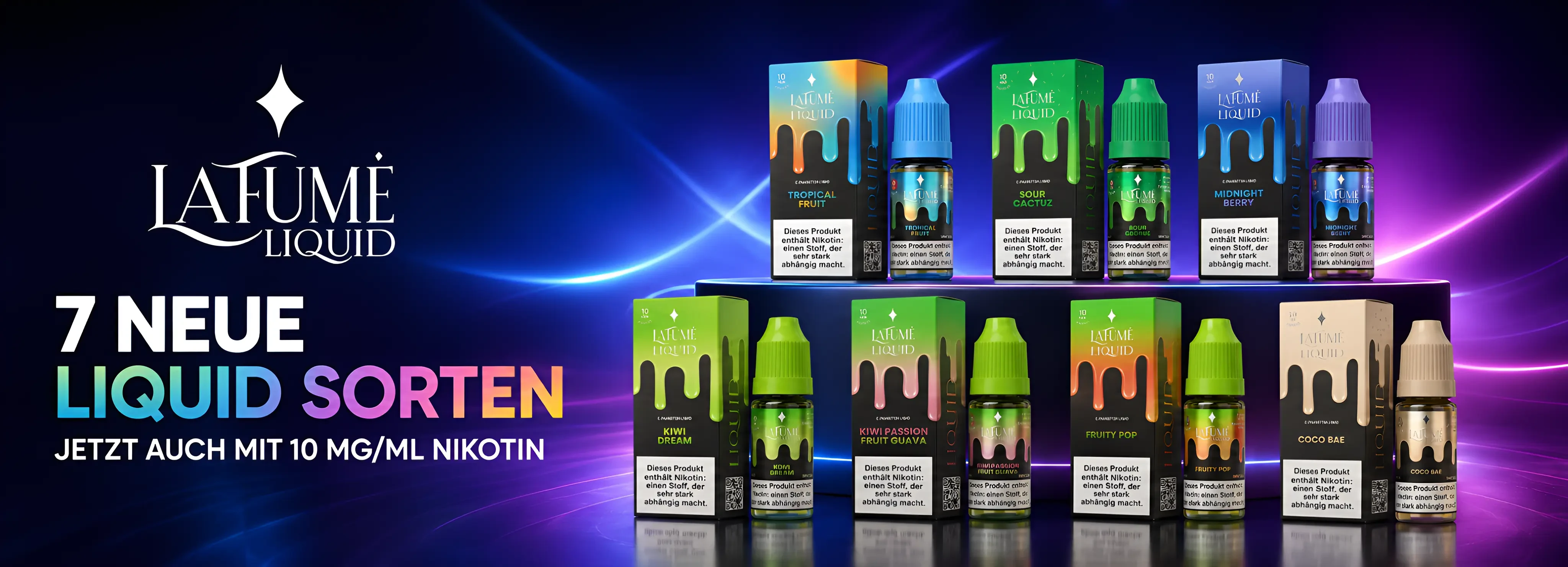 La Fume Liquid, 7 neue Liquid Sorten, Coco Bae, Tropical Fruit, Sour Cactuz, Peach Ice, Midnight Berry, Kiwi Dream, Kiwi Passion Fruit Guava, Fruity Pop, Coconut Blueberry, jetzt auch mit 10 mg/ml Nikotin, insgesamt 22 Sorten erhältlich