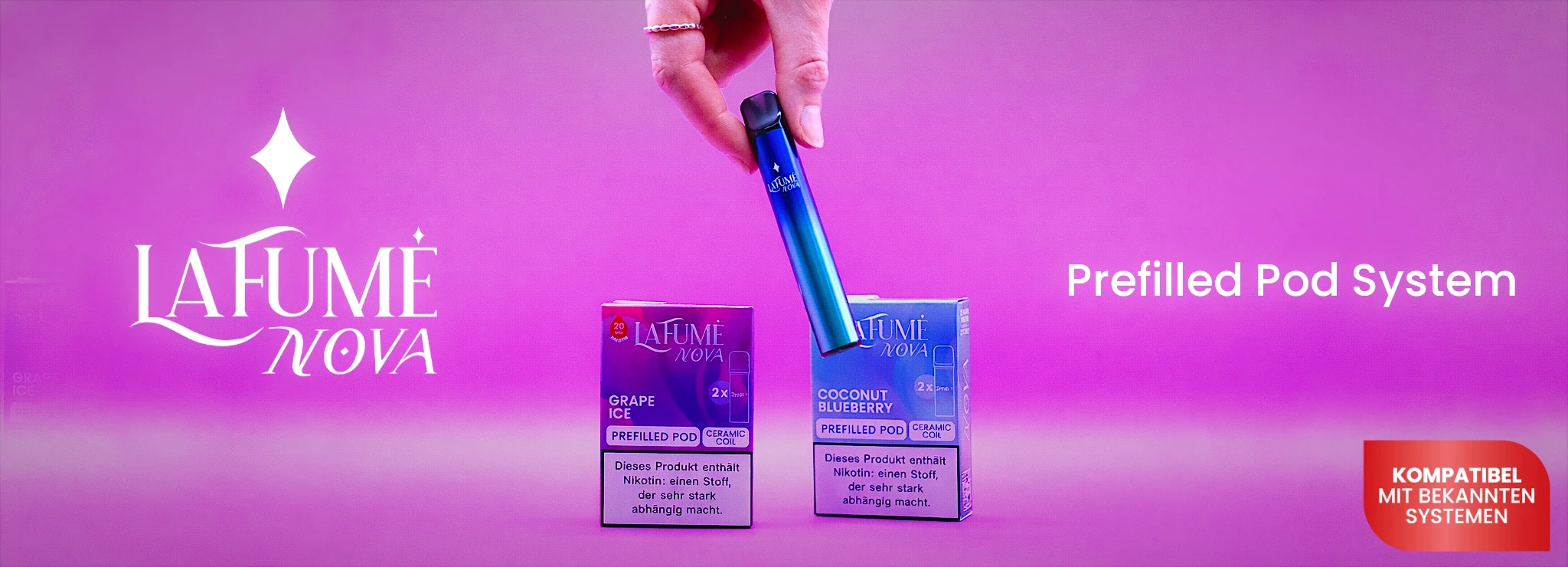 La Fume Nova Pod E-Zigarette, Neu, ELFA-Kompatibel, Innovativer Keramik-Coil, Neue Sorten, Coconut Lemon, Fruity Pop, Tropical Fruit, Coconut Blueberry
